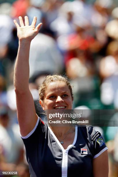 Kim Clijsters of Belgium celebrates after defeating Venus Williams of the United States in straight sets during the women's final of the 2010 Sony...