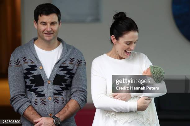 New Zealand Prime Minister Jacinda Ardern and partner Clarke Gayford pose for a photo with their new baby girl Neve Te Aroha Ardern Gayford on June...