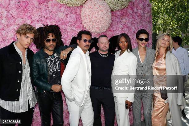 Lenny Kravitz; Haider Ackermann, Stylist Kim Jones, Naomi Campbell, Farida Khelfa and Kate Moss pose after the Dior Homme Menswear Spring/Summer 2019...