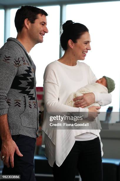 New Zealand Prime Minister Jacinda Ardern and partner Clarke Gayford pose for a photo with their new baby girl Neve Te Aroha Ardern Gayford June 24,...