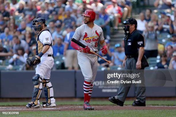 Tommy Pham of the St. Louis Cardinals walks back to the dugout after striking out in the first inning against the Milwaukee Brewers at Miller Park on...