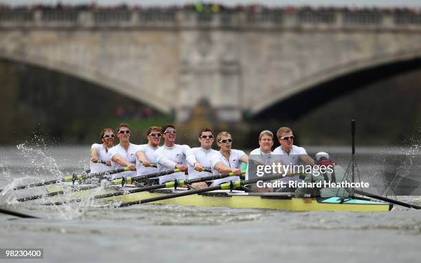 The Cambridge crew compete during the 156th Oxford and Cambridge University Boat Race on the River Thames on April 3, 2010 in London, England.