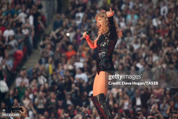 Taylor Swift performs on stage during the second date of the Taylor Swift reputation Stadium Tour at Wembley Stadium on June 23, 2018 in London,...