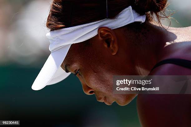 Venus Williams of the United States looks on against Kim Clijsters of Belgium during the women's final of the 2010 Sony Ericsson Open at Crandon Park...