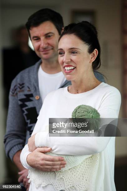 New Zealand Prime Minister Jacinda Ardern and partner Clarke Gayford pose for a photo with their new baby girl Neve Te Aroha Ardern Gayford June 24,...