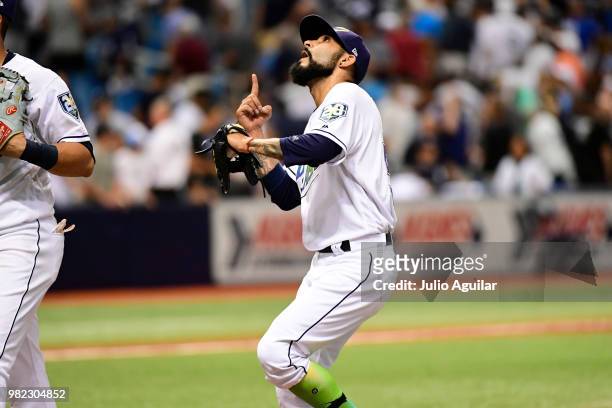 Sergio Romo of the Tampa Bay Rays celebrates the save against the New York Yankees on June 23, 2018 at Tropicana Field in St Petersburg, Florida. The...