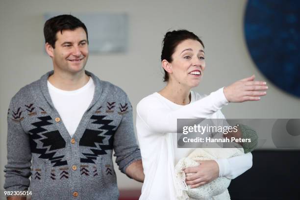 New Zealand Prime Minister Jacinda Ardern and partner Clarke Gayford pose for a photo with their new baby girl Neve Te Aroha Ardern-Gayford on June...