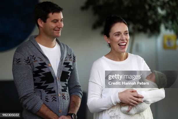 New Zealand Prime Minister Jacinda Ardern and partner Clarke Gayford pose for a photo with their new baby girl Neve Te Aroha Ardern-Gayford on June...