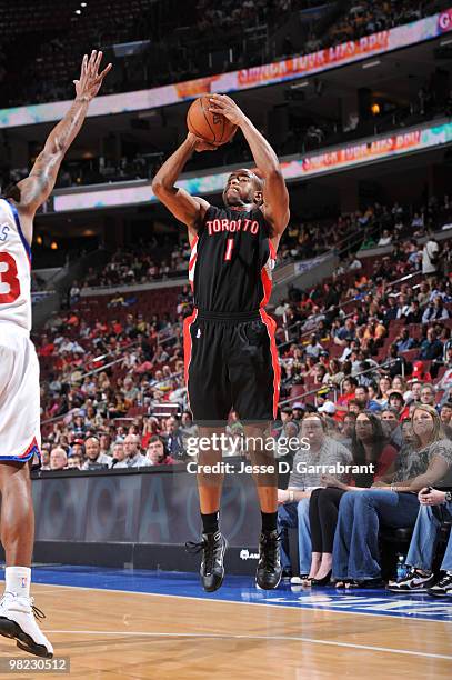 Jarrett Jack of the Toronto Raptors shoots against the Philadelphia 76ers during the game on April 3, 2010 at the Wachovia Center in Philadelphia,...