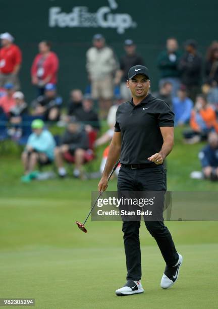 Jason Day of Australia reacts to his putt on the 17th hole during the third round of the Travelers Championship at TPC River Highlands on June 23,...