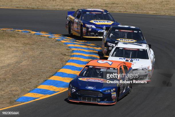 Ryan Partridge, driver of the Sunrise Ford, leads a line of cars during the NASCAR K&N Pro Series West Carneros 200 at Sonoma Raceway on June 23,...