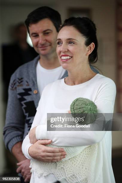 New Zealand Prime Minister Jacinda Ardern and her partern Clarke Gayford pose for a photo with their new baby girl Neve Te Aroha Ardern Gayford June...