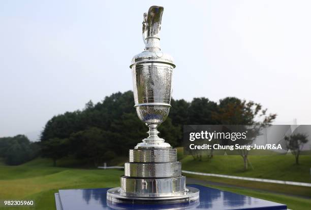 The Claret Jug is displayed on the 1st hole during the final round of the Kolon Korea Open Golf Championship at Woo Jeong Hills Country Club on June...