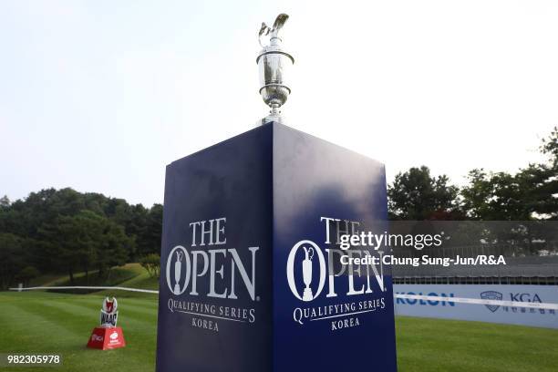 The Claret Jug is displayed on the 1st hole during the final round of the Kolon Korea Open Golf Championship at Woo Jeong Hills Country Club on June...