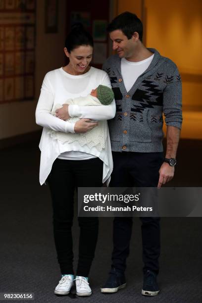 New Zealand Prime Minister Jacinda Ardern and partner Clarke Gayford pose for a photo with their new baby girl Neve Te Aroha Ardern Gayford on June...