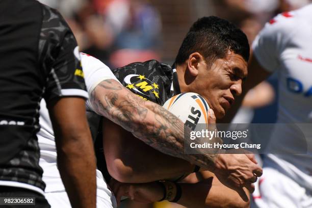 New Zealand Dallin Watene-Zelezniak in action during Denver Test game of Rugby League International against England at Broncos Stadium at Mile High...