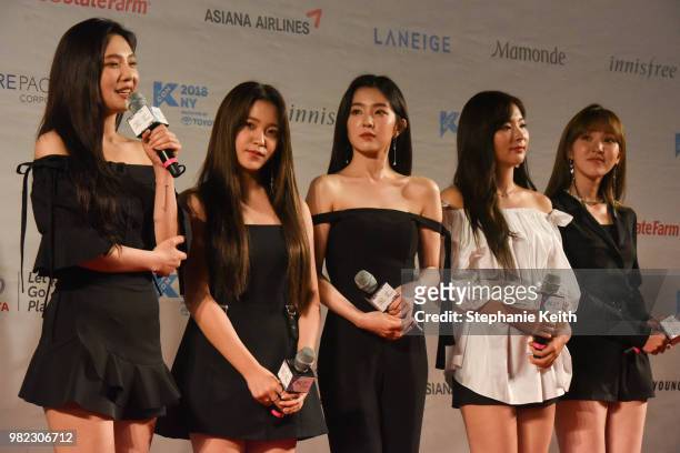 Red Velvet, a popular Korean band, answer questions on stage at a convention, called Kcon, that brings together some of the most popular pop bands...