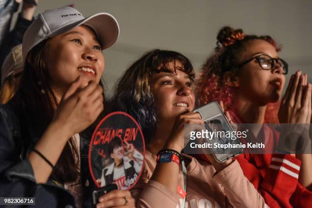 Fans of Korean pop music attend a convention, called Kcon, that brings together some of the most popular pop bands from Korea on June 23, 2018 in...