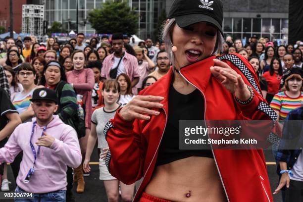 Fans of Korean pop music attend a dance workshop during a convention, called Kcon, that brings together some of the most popular pop bands from Korea...
