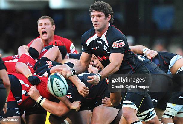 Ryan Kankowski of the Sharks feeds the backline during the Super 14 match between Sharks and Reds at Absa Stadium on April 03, 2010 in Durban, South...