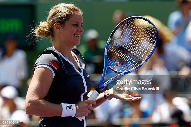 Kim Clijsters of Belgium celebrates after defeating Venus Williams of the United States in straight sets during the women's final of the 2010 Sony...