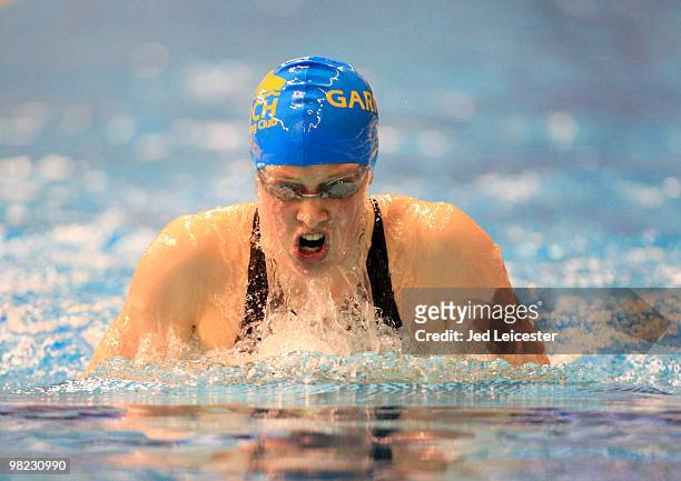 Hannah Miley swims the breaststroke during the Women's 400m Individual Medley at the British Gas Swimming Championships event at Ponds Forge Pool on...