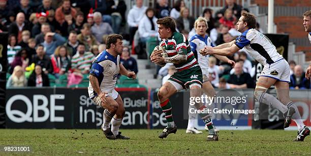 Toby Flood of Leicester charges upfield during the Guinness Premiership match between Leicester Tigers and Bath at Welford Road on April 3, 2010 in...