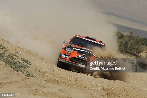 Henning Solberg of Norway and Ilka Minor of Austria compete in their Stobart Ford Focus during Leg 3 of the WRC Rally Jordan on April 3, 2010 in...