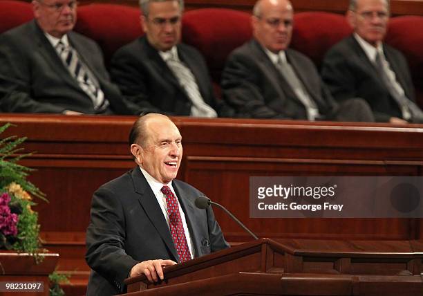 President of the Church of Jesus Christ of Latter-Day Saints Thomas Monson delivers the opening talk at the 180th Annual General Conference of the...