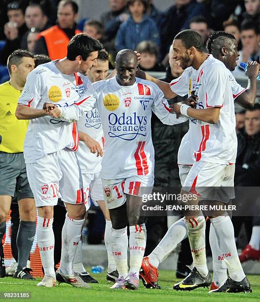 Nancy's player celebrate after the goal of Issar Dia during their French L1 football match Bordeaux vs. Nancy, on April 3 at Chaban-Delmas stadium,...