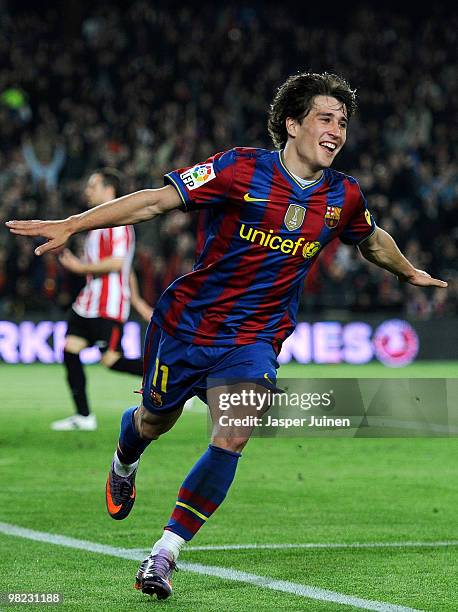 Bojan Krkic of FC Barcelona celebrates scoring his side's second goal during the La Liga match between Barcelona and Athletic Bilbao at the Camp Nou...