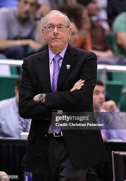 Head coach Jim Boeheim of the Syracuse Orange coaches against the Butler Bulldogs during the west regional semifinal of the 2010 NCAA men's...