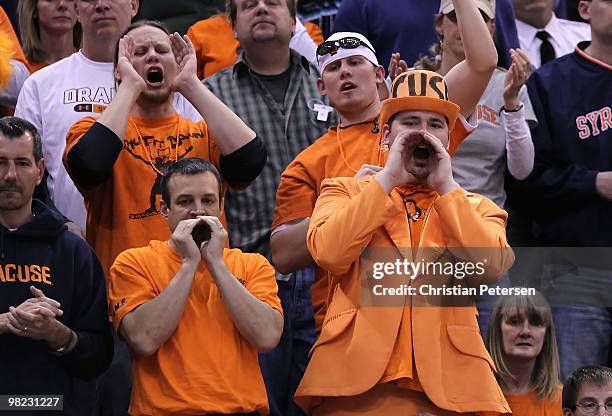 Fans of the Syracuse Orange cheer against the Butler Bulldogs during the west regional semifinal of the 2010 NCAA men's basketball tournament at the...