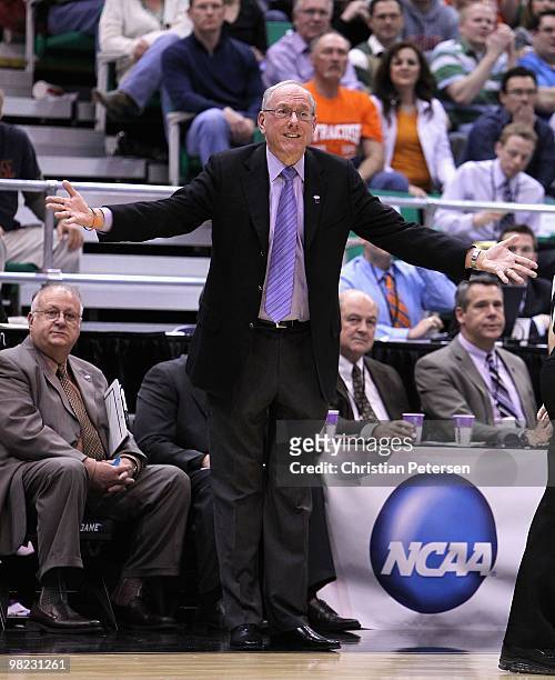Head coach Jim Boeheim of the Syracuse Orange reacts against the Butler Bulldogs during the west regional semifinal of the 2010 NCAA men's basketball...