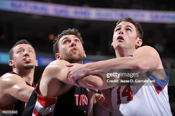 Andrea Bargnani of the Toronto Raptors guards against Jason Smith of the Philadelphia 76ers during the game on April 3, 2010 at the Wachovia Center...