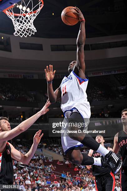 Jrue Holiday of the Philadelphia 76ers shoots against the Toronto Raptors during the game on April 3, 2010 at the Wachovia Center in Philadelphia,...