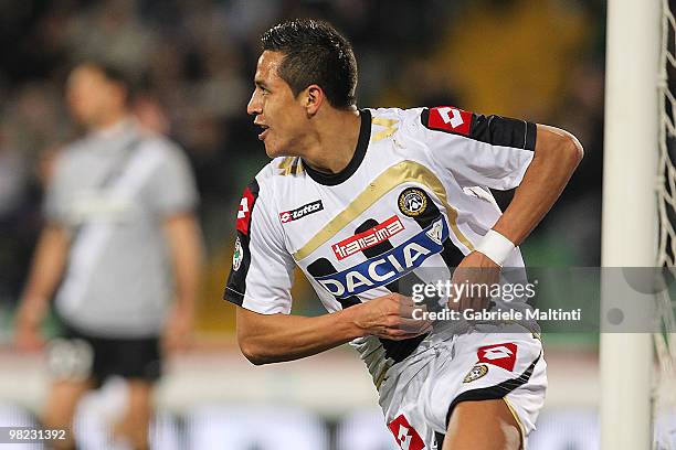 Alexis Alejandro Sanchez of Udinese Calcio celebrates after scoring the opening goal during the Serie A match between Udinese Calcio and Juventus FC...