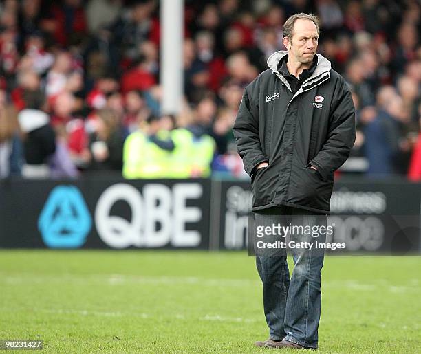 Brendan Venter coach of Saracens looks on during the Guinness Premiership match between Gloucester and Saracens at Kingsholm Stadium on April 03,...