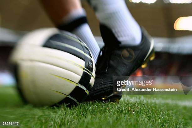 Player runs with the ball prior the Bundesliga match between VfB Stuttgart and Borussia Moenchengladbach at Mercedes-Benz Arena on April 3, 2010 in...