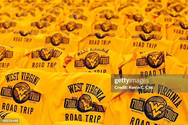 Final four t-shirts with the logo of the West Virginia Mountaineers are seen on the backs of chairs prior to their game against the Duke Blue Devils...