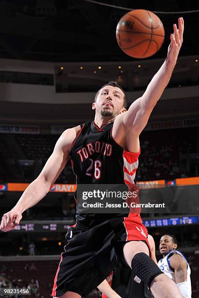 Hedo Turkoglu of the Toronto Raptors grabs the rebound against the Philadelphia 76ers during the game on April 3, 2010 at the Wachovia Center in...
