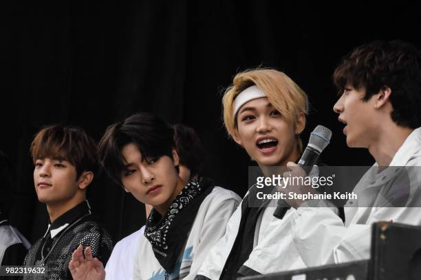 Some of the members of Stray Kids, a popular Korean band, answer questions on stage at a convention, called Kcon, that brings together some of the...