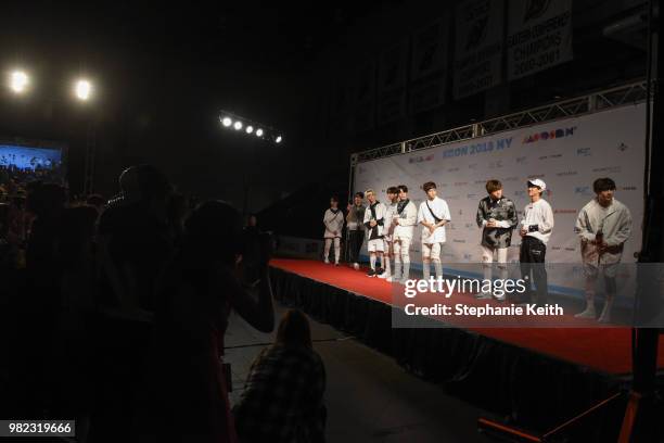 Stray Kids, a popular Korean band, walk on the red carpet at a convention, called Kcon, that brings together some of the most popular pop bands from...