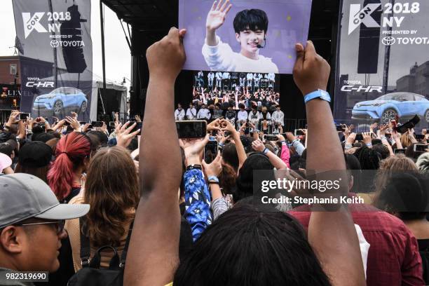 Fans of Korean pop music react to a band called Stray Kids during a convention, called Kcon, that brings together some of the most popular pop bands...