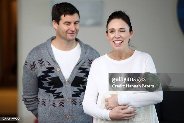 New Zealand Prime Minister Jacinda Ardern and partner Clarke Gayford pose for a photo with their new baby girl Neve Te Aroha Ardern Gayford on June...