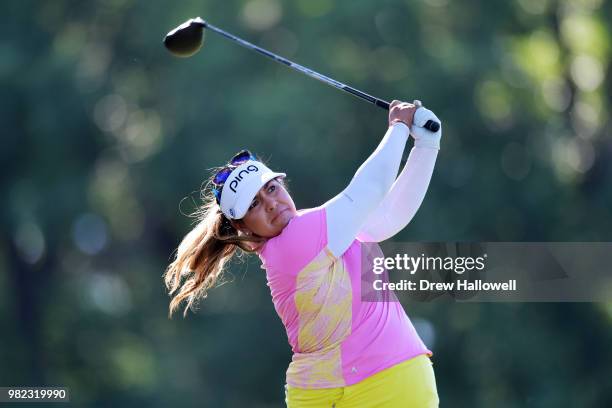 Lizette Salas plays her tee shot on the 16th hole during the second round of the Walmart NW Arkansas Championship Presented by P&G at Pinnacle...