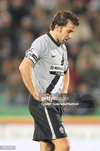 Alessandro Del Piero of Juventus FC shows his dejection during the Serie A match between Udinese Calcio and Juventus FC at Stadio Friuli on April 3,...