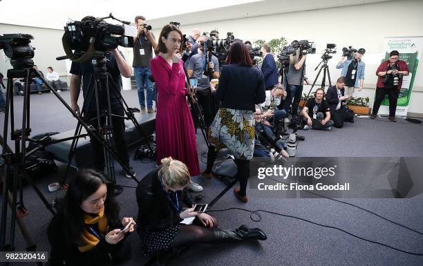 The media team at Auckland Hospital as New Zealand Prime Minister Jacinda Ardern poses for a photo with their new baby girl Neve Te Aroha Ardern...