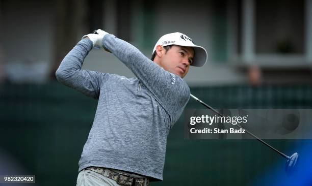 Brian Harman plays a shot on the seventh hole during the third round of the Travelers Championship at TPC River Highlands on June 23, 2018 in...