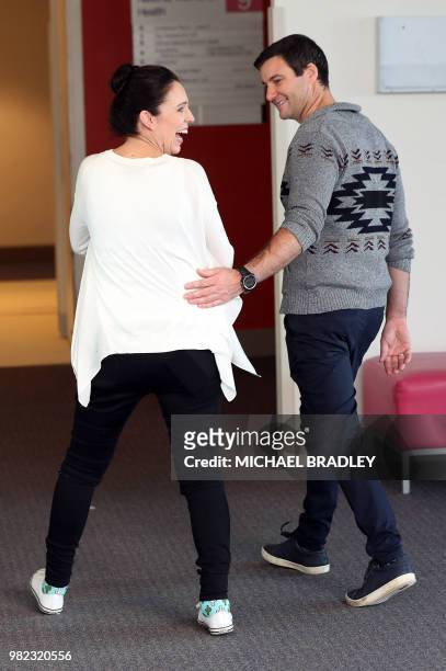 New Zealand Prime Minister Jacinda Ardern and partner Clarke Gayford and their baby daugther Neve Te Aroha Ardern Gayford leave after meeting the...